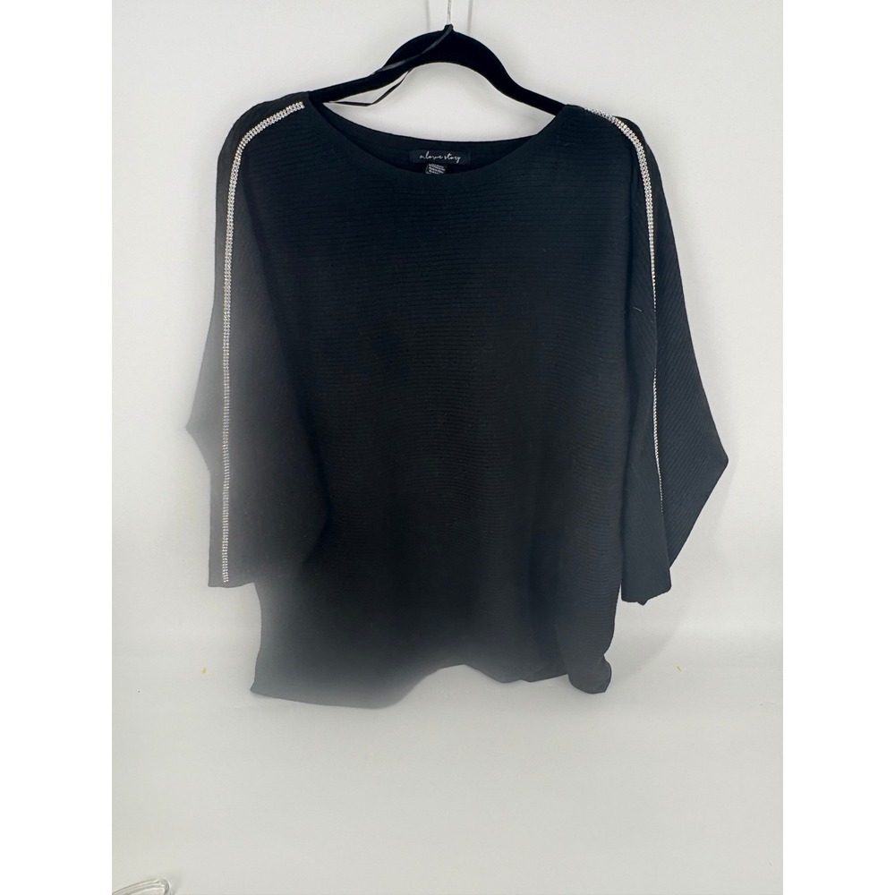 A Love Story 2X Black Rhinestone Ribbed Knit Dolman Sleeve Pullover Top
